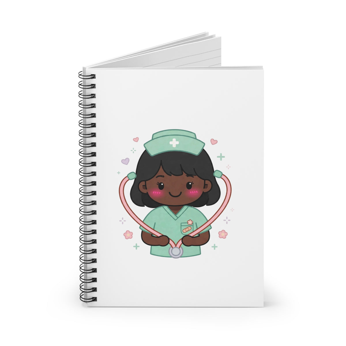 Kawaii Nurse Spiral Notebook – Ruled – Black Hair / Deep Skin