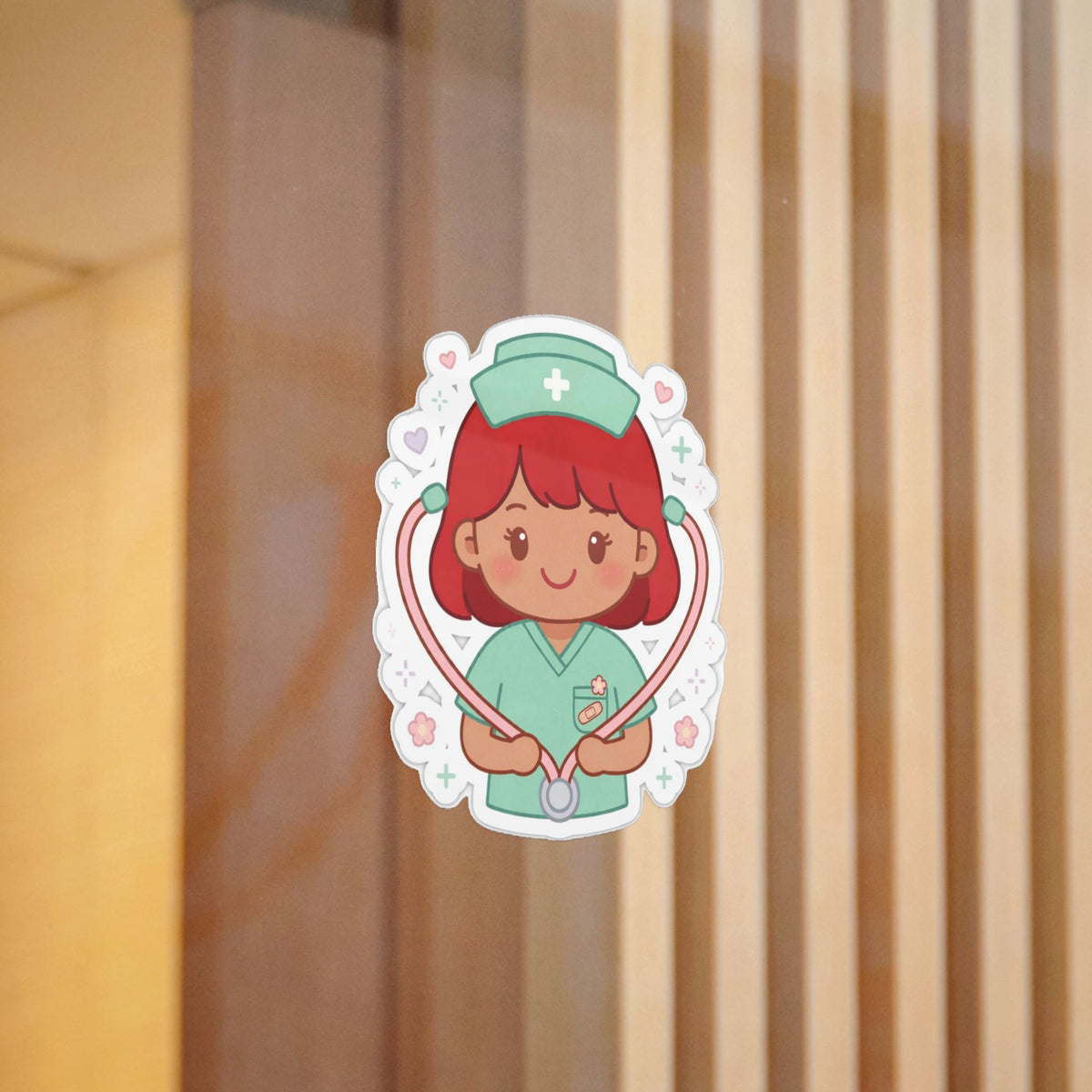 Kawaii Nurse Sticker (Waterproof UV DTF) – Red Hair / Medium Skin