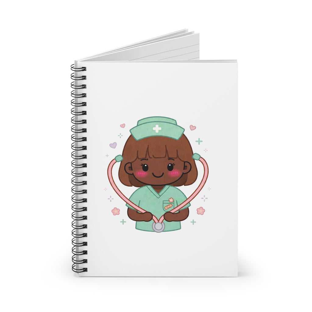 Kawaii Nurse Spiral Notebook – Ruled – Brown Hair / Deep Skin