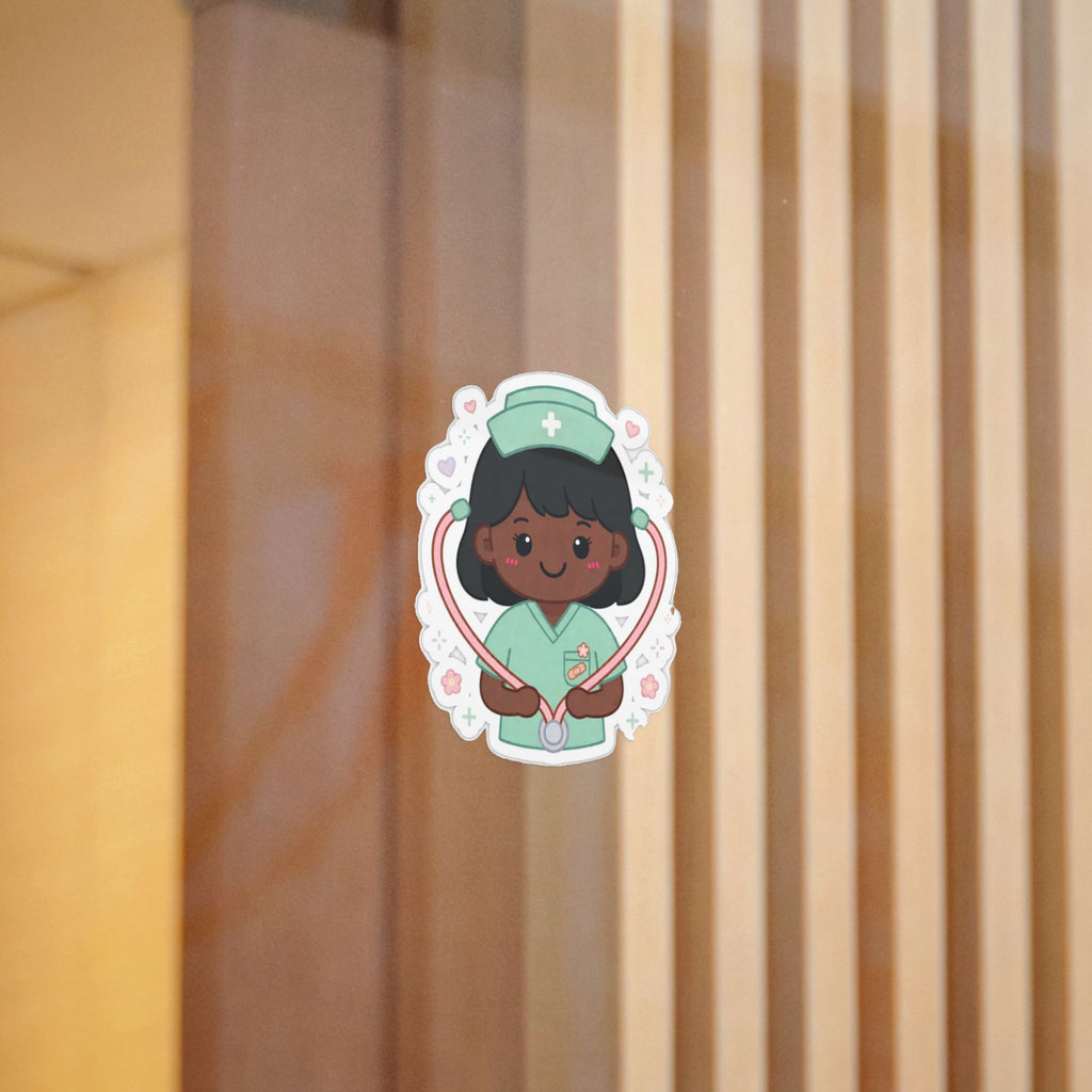 Kawaii Nurse Sticker (Waterproof UV DTF) – Black Hair / Deep Skin