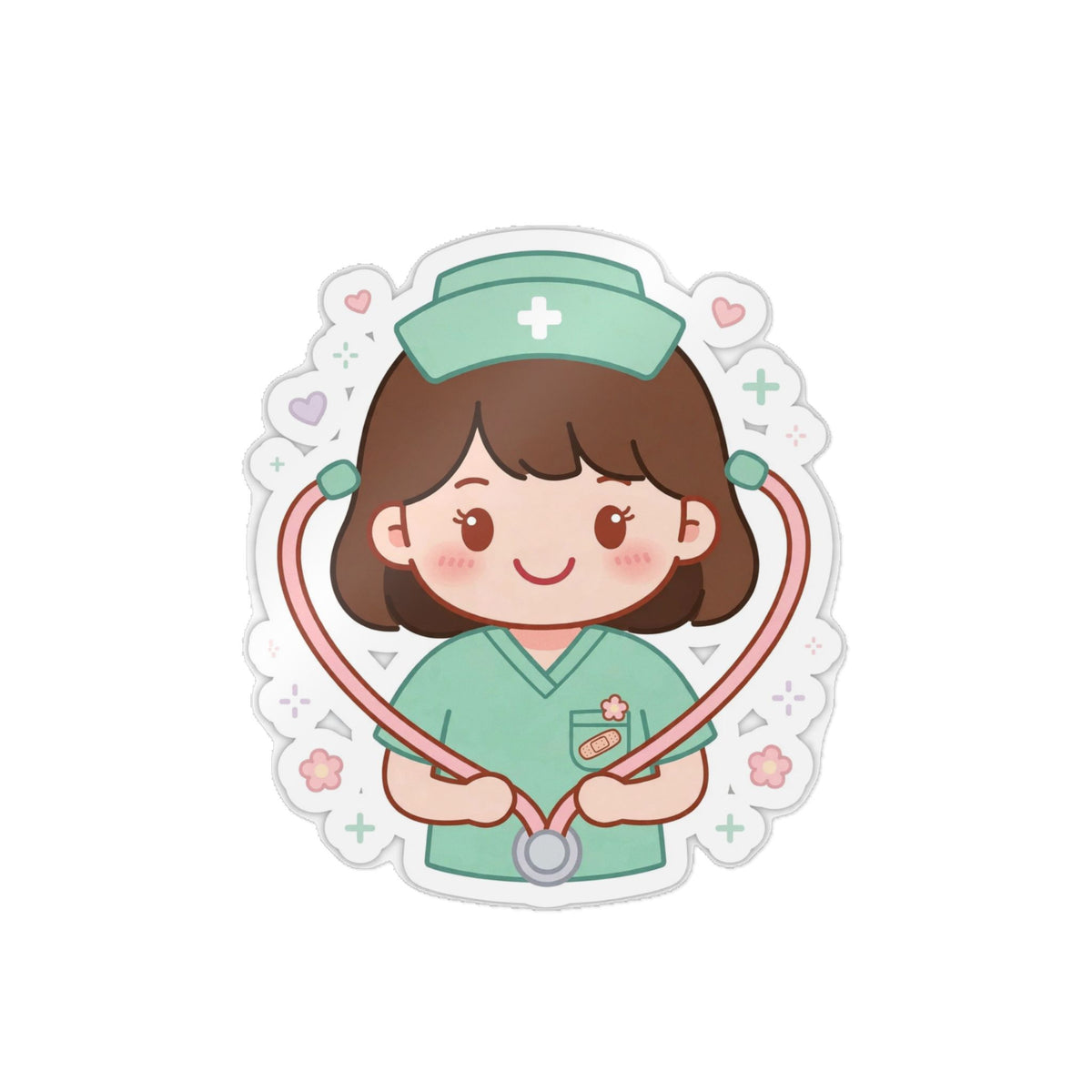 Kawaii Nurse Sticker (Waterproof UV DTF) – Brown Hair / Fair Skin