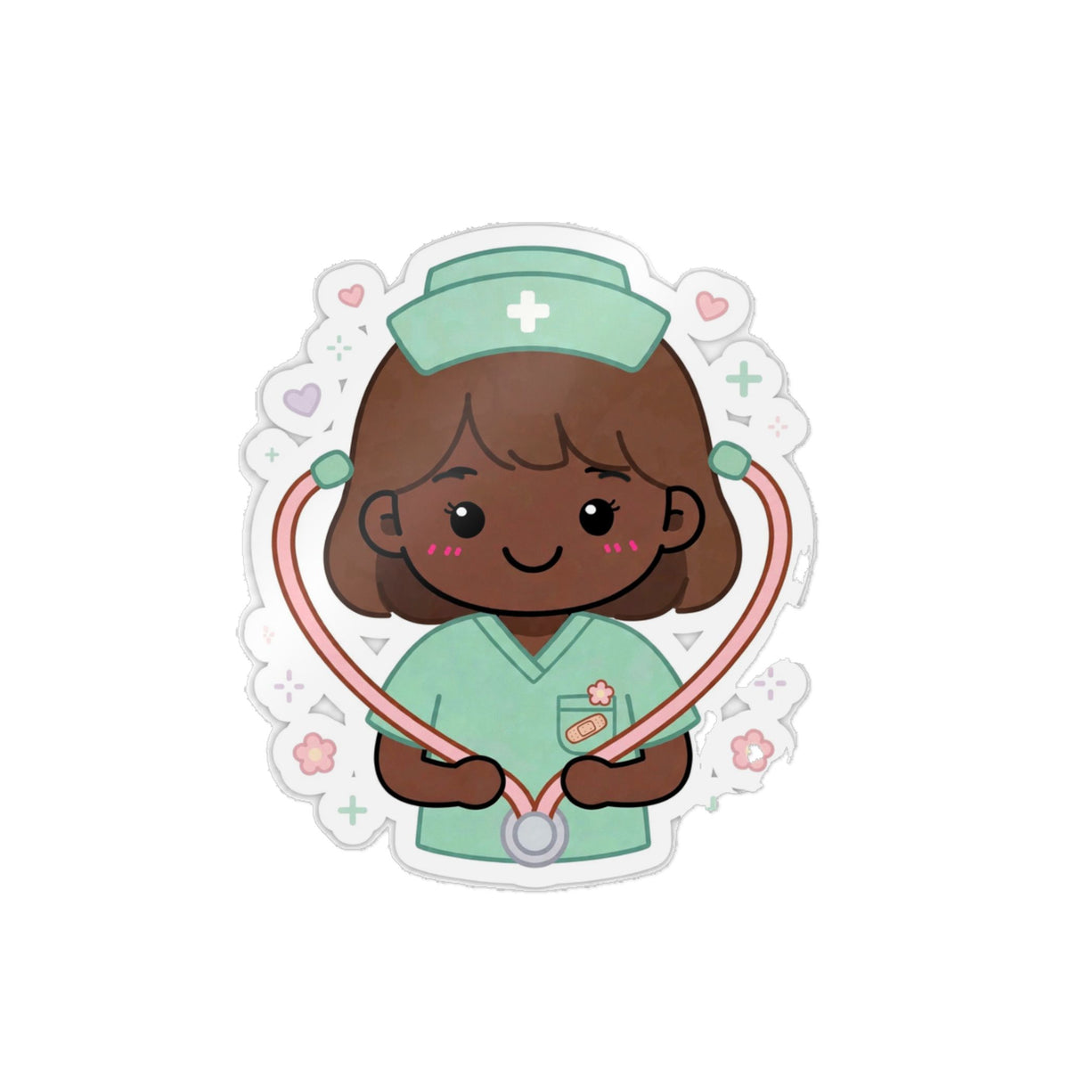 Kawaii Nurse Sticker (Waterproof UV DTF) – Brown Hair / Deep Skin