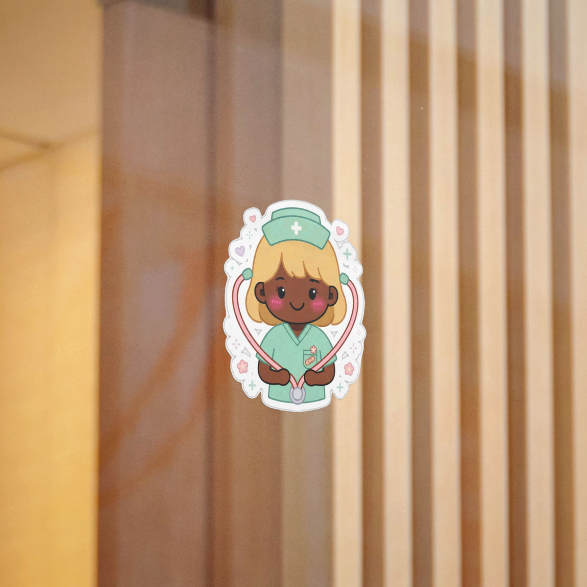 Kawaii Nurse Sticker (Waterproof UV DTF) – Blonde Hair / Deep Skin