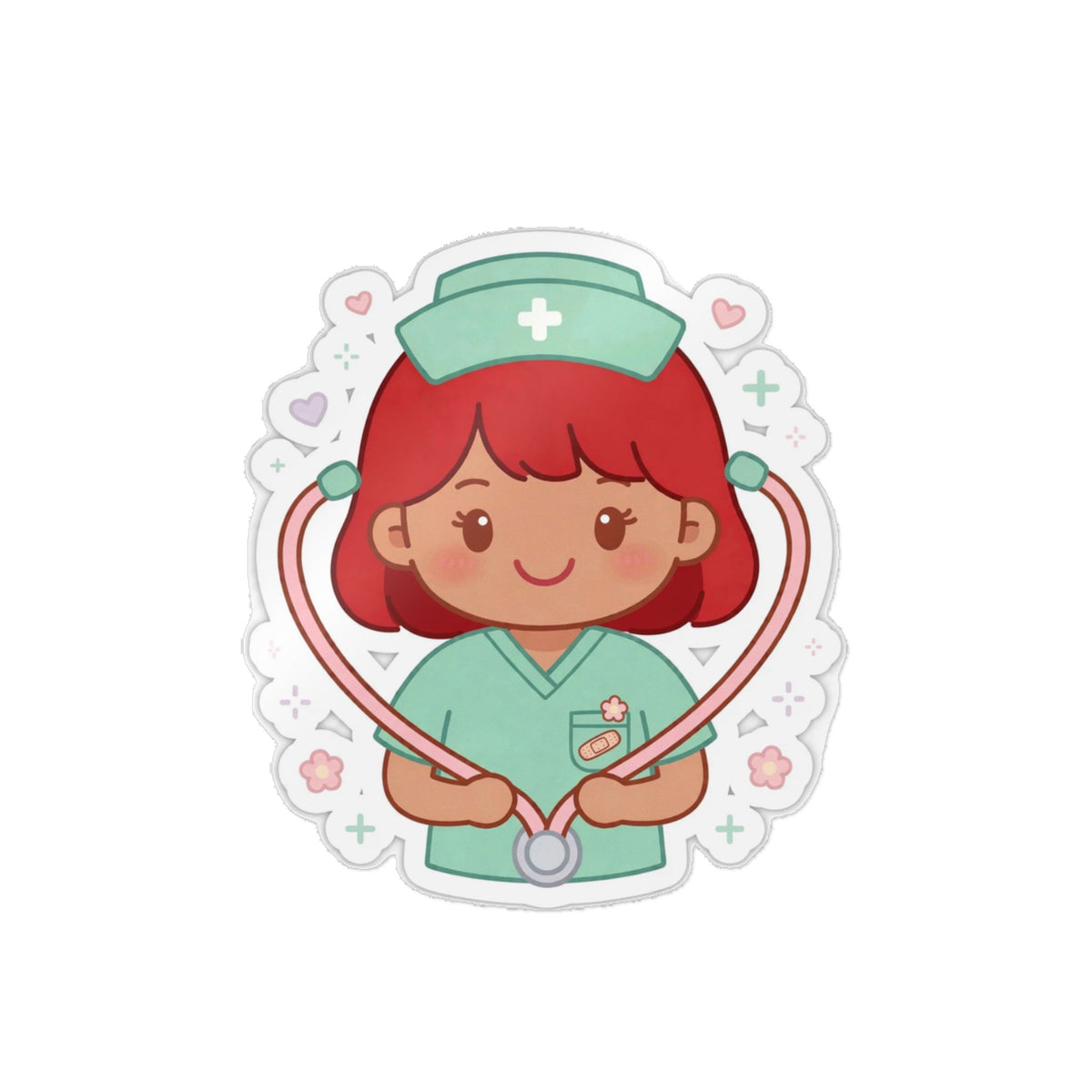 Kawaii Nurse Sticker (Waterproof UV DTF) – Red Hair / Medium Skin