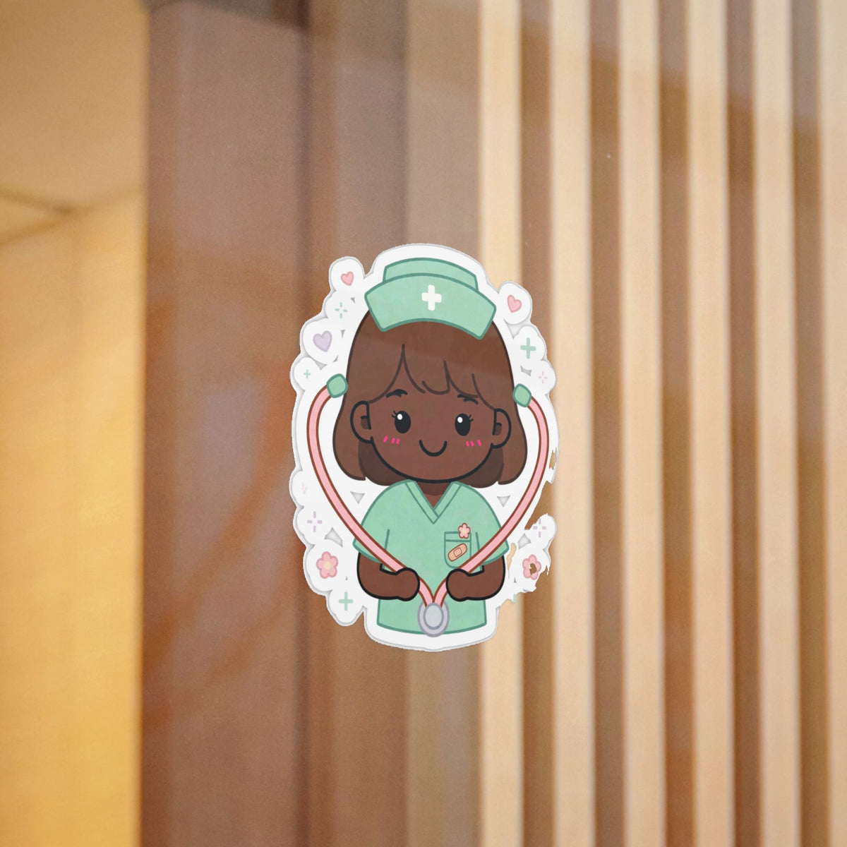 Kawaii Nurse Sticker (Waterproof UV DTF) – Brown Hair / Deep Skin