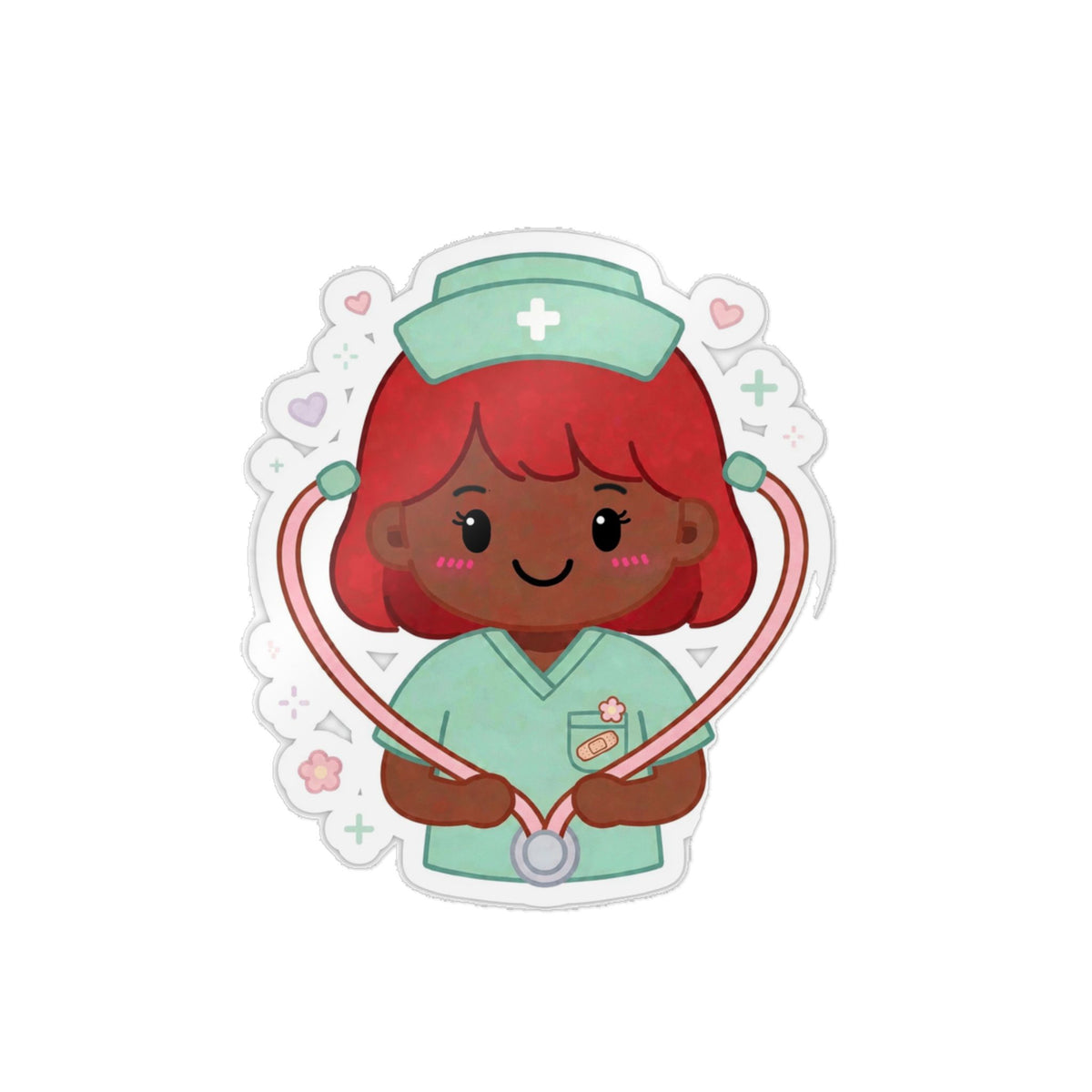 Kawaii Nurse Sticker (Waterproof UV DTF) – Red Hair / Deep Skin
