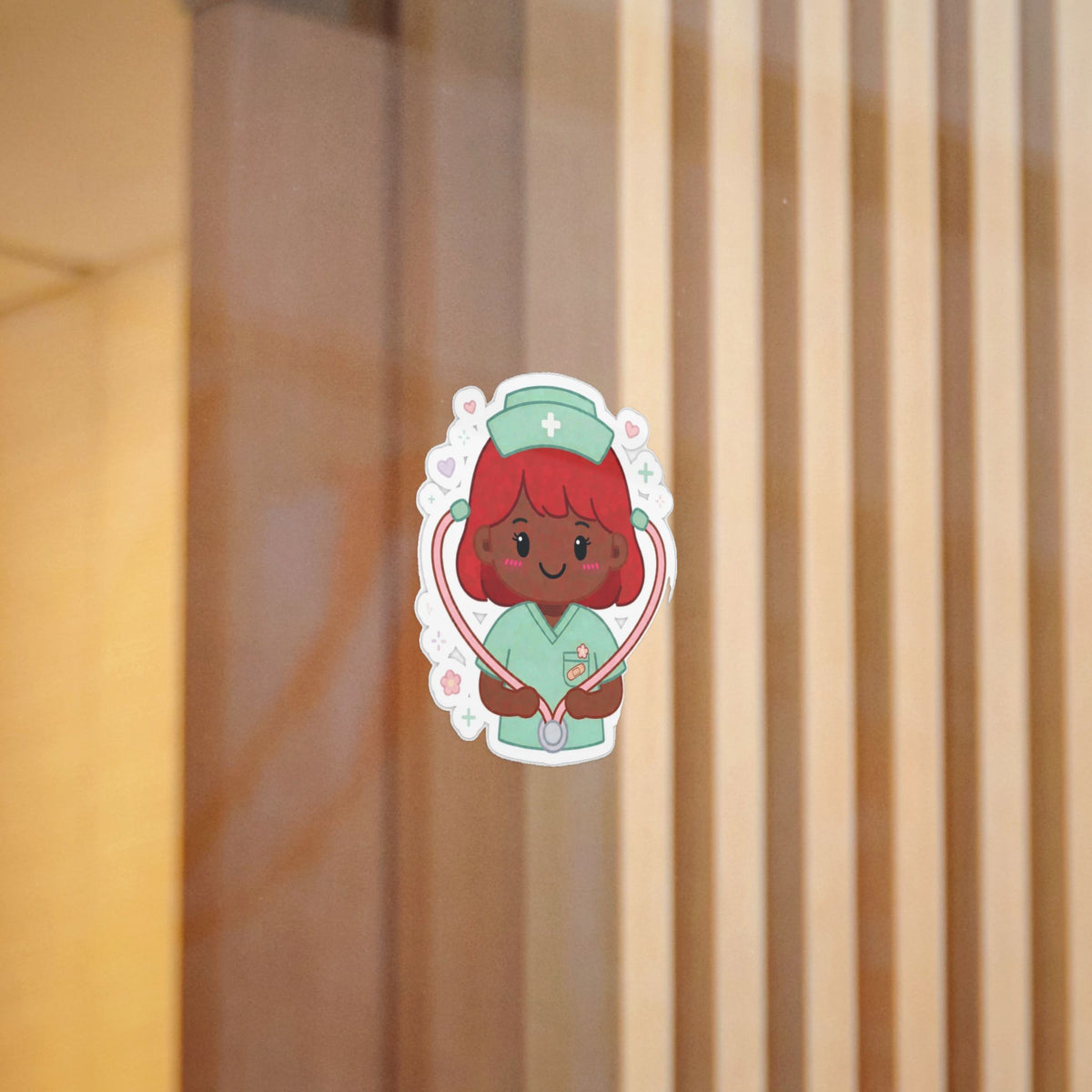 Kawaii Nurse Sticker (Waterproof UV DTF) – Red Hair / Deep Skin