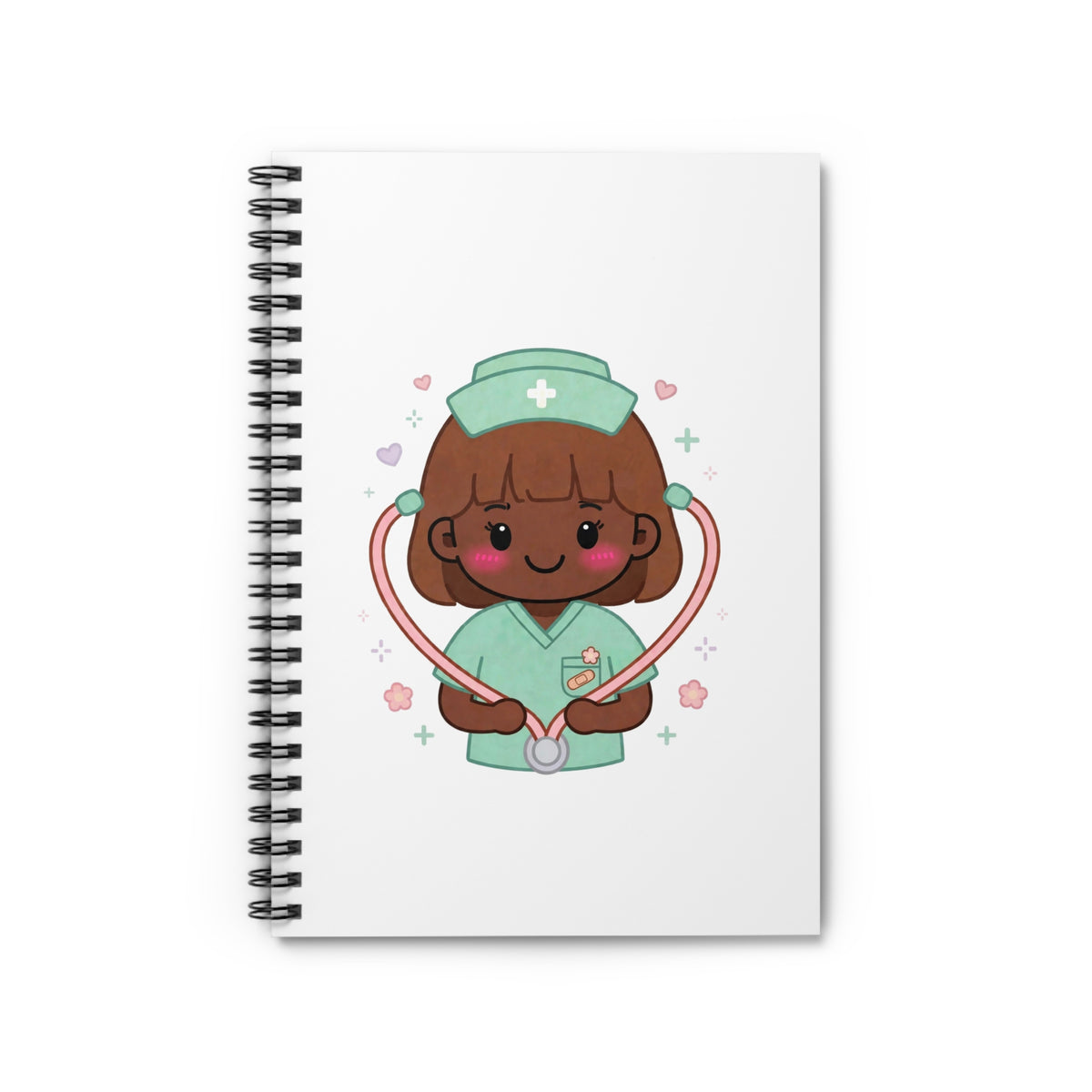 Kawaii Nurse Spiral Notebook – Ruled – Brown Hair / Deep Skin