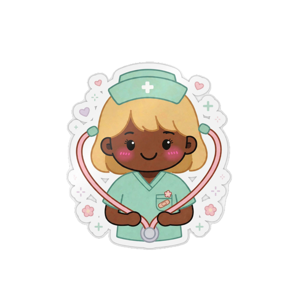 Kawaii Nurse Sticker (Waterproof UV DTF) – Blonde Hair / Deep Skin