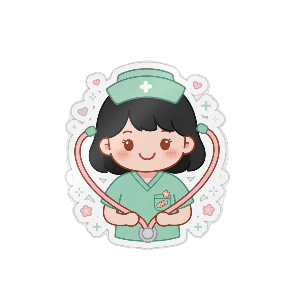 Kawaii Nurse Sticker (Waterproof UV DTF) – Black Hair / Fair Skin