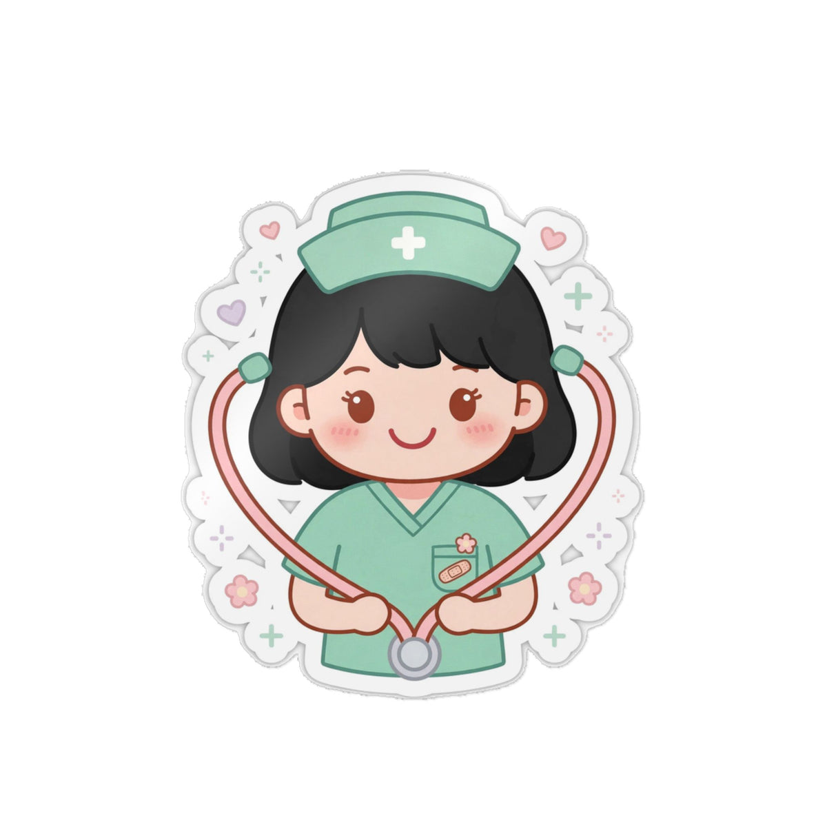 Kawaii Nurse Sticker (Waterproof UV DTF) – Black Hair / Fair Skin
