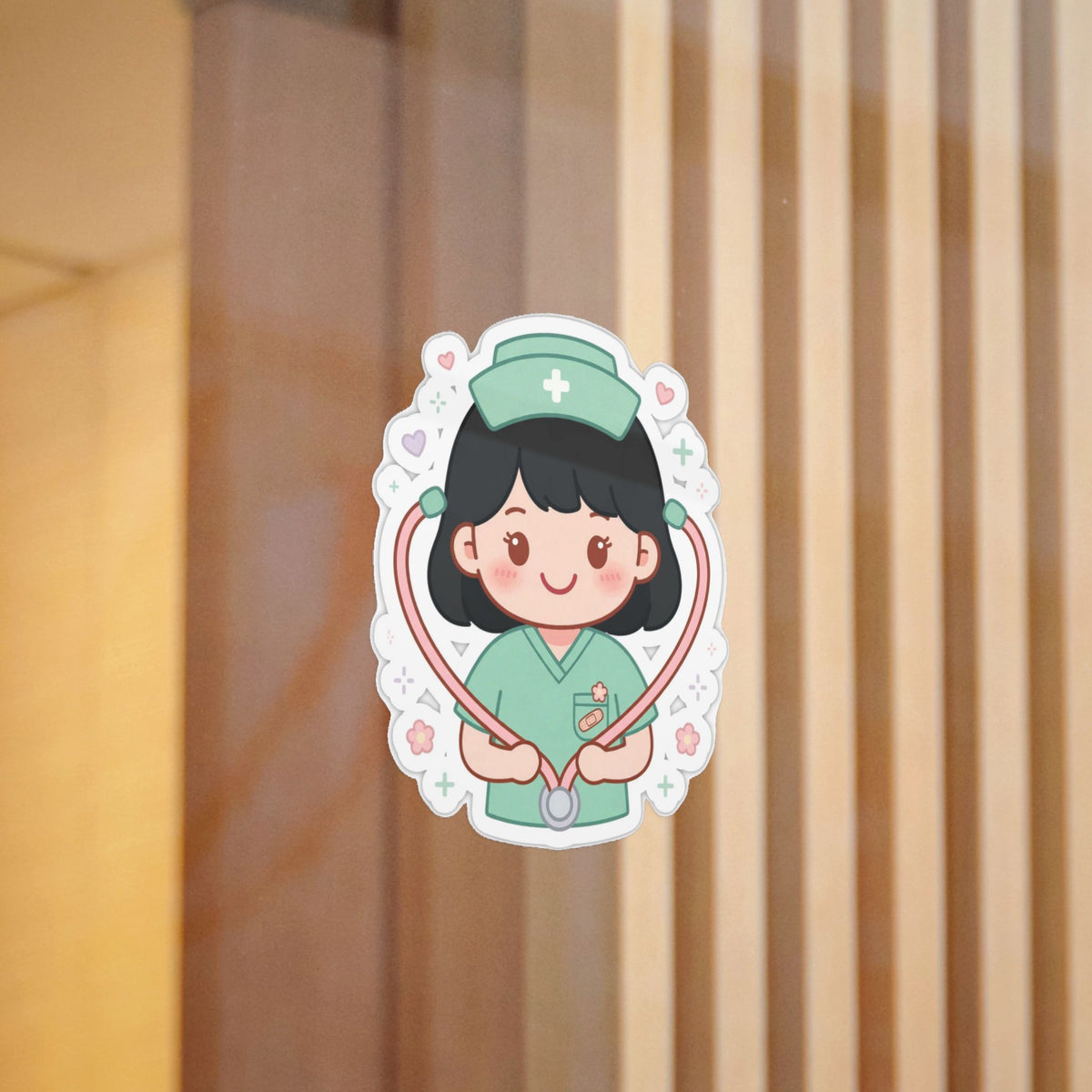 Kawaii Nurse Sticker (Waterproof UV DTF) – Black Hair / Fair Skin