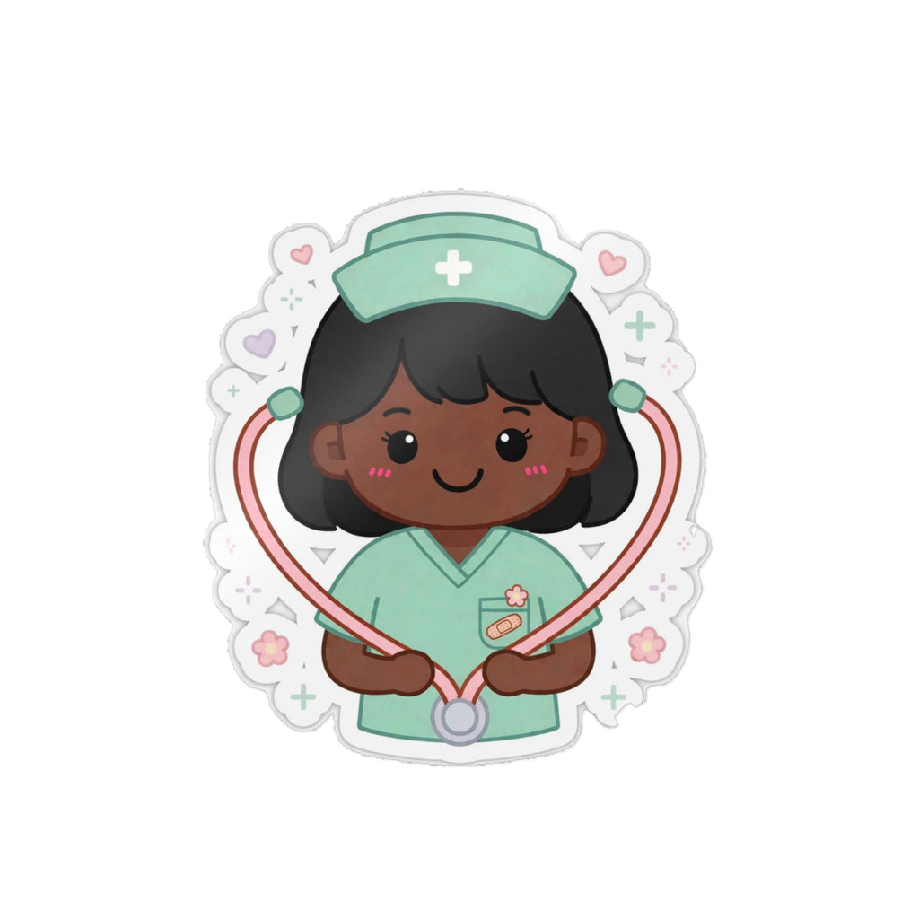 Kawaii Nurse Sticker (Waterproof UV DTF) – Black Hair / Deep Skin