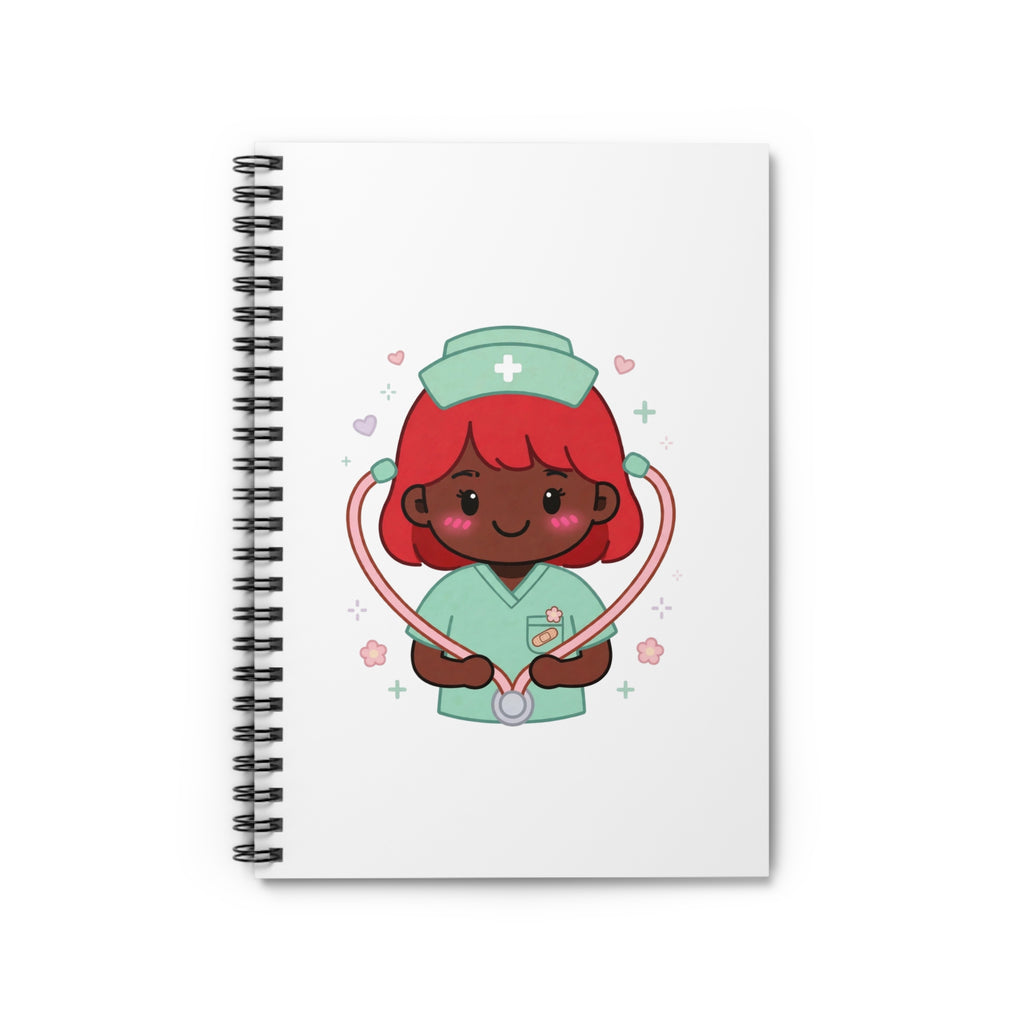 Kawaii Nurse Spiral Notebook – Ruled – Red Hair / Deep Skin