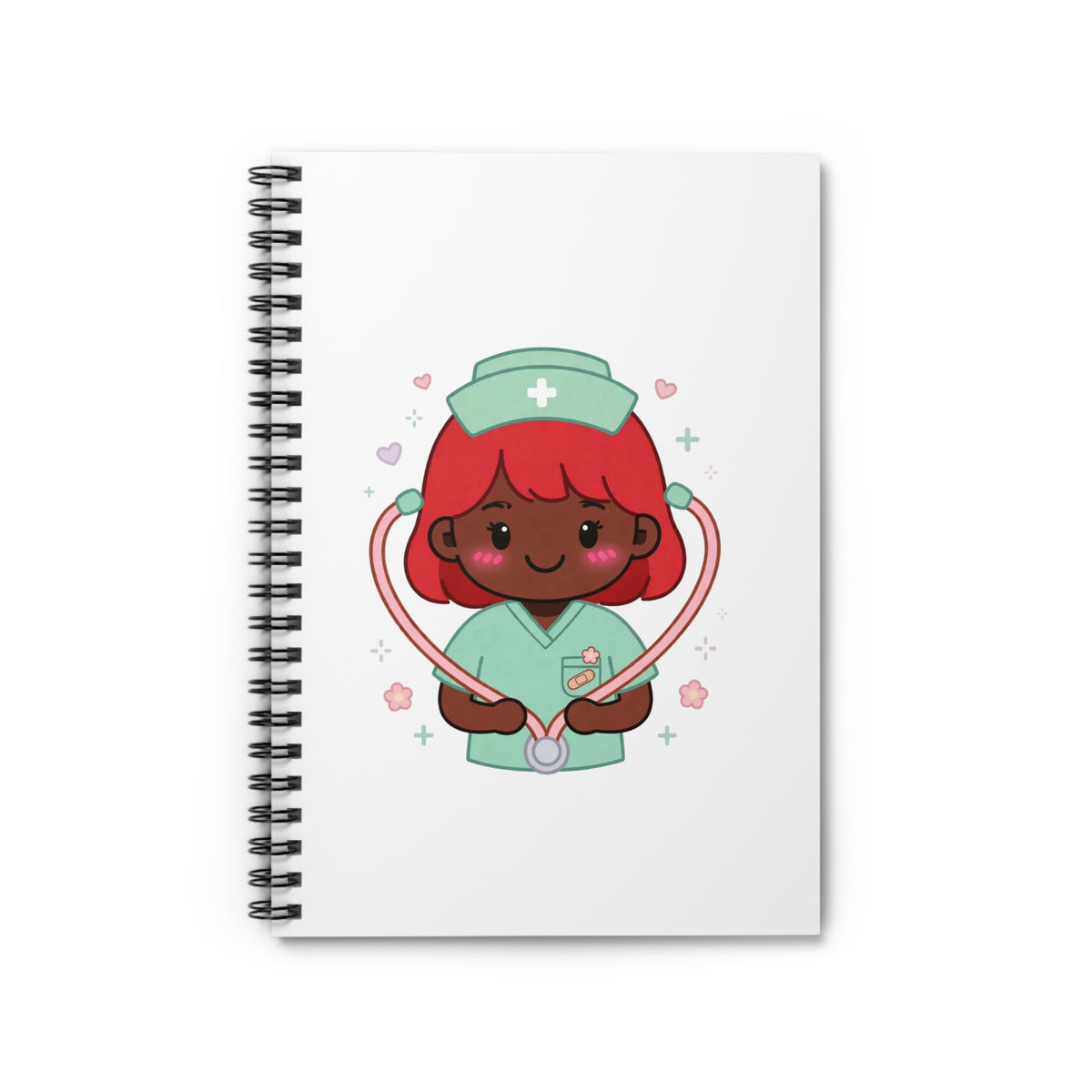 Kawaii Nurse Spiral Notebook – Ruled – Red Hair / Deep Skin