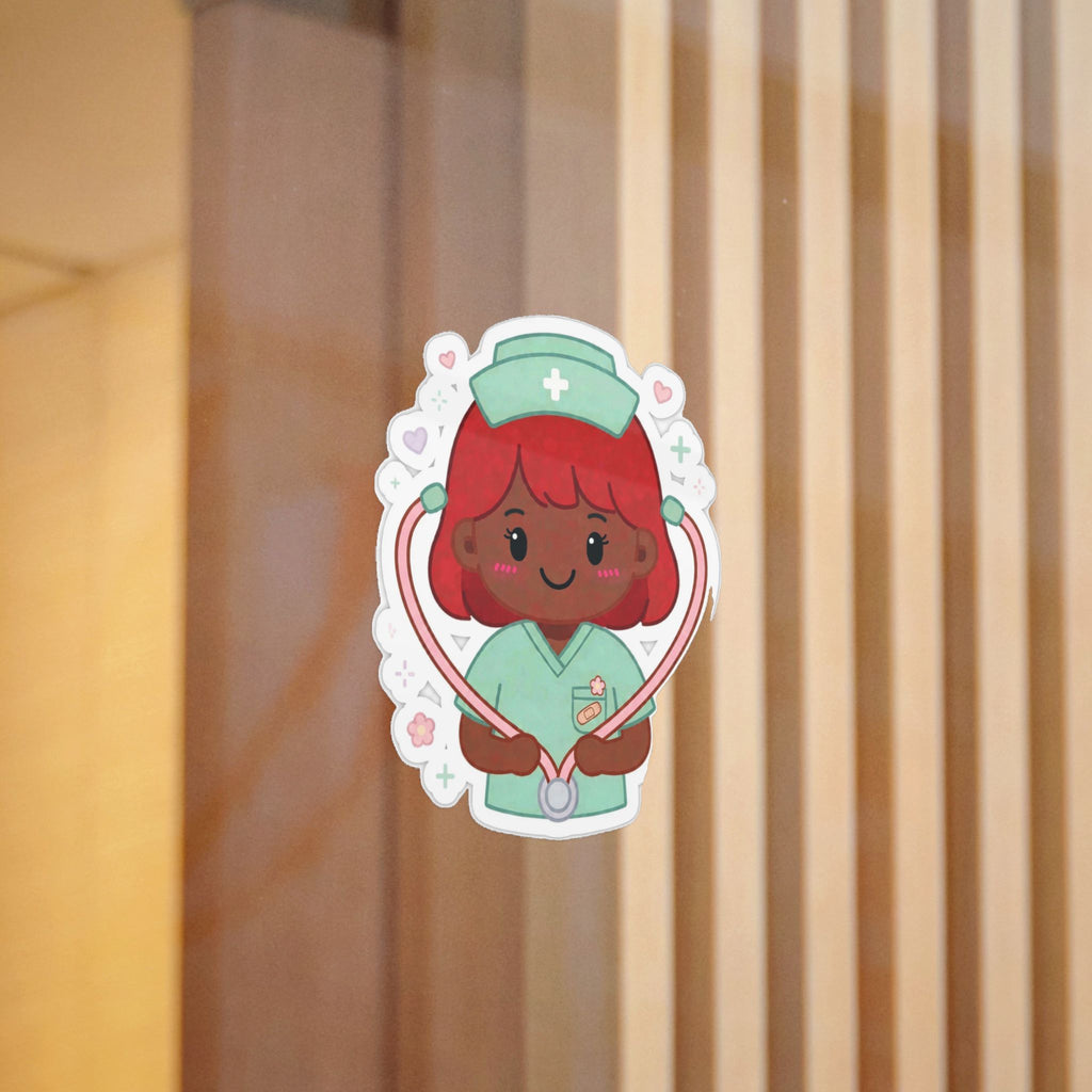 Kawaii Nurse Sticker (Waterproof UV DTF) – Red Hair / Deep Skin