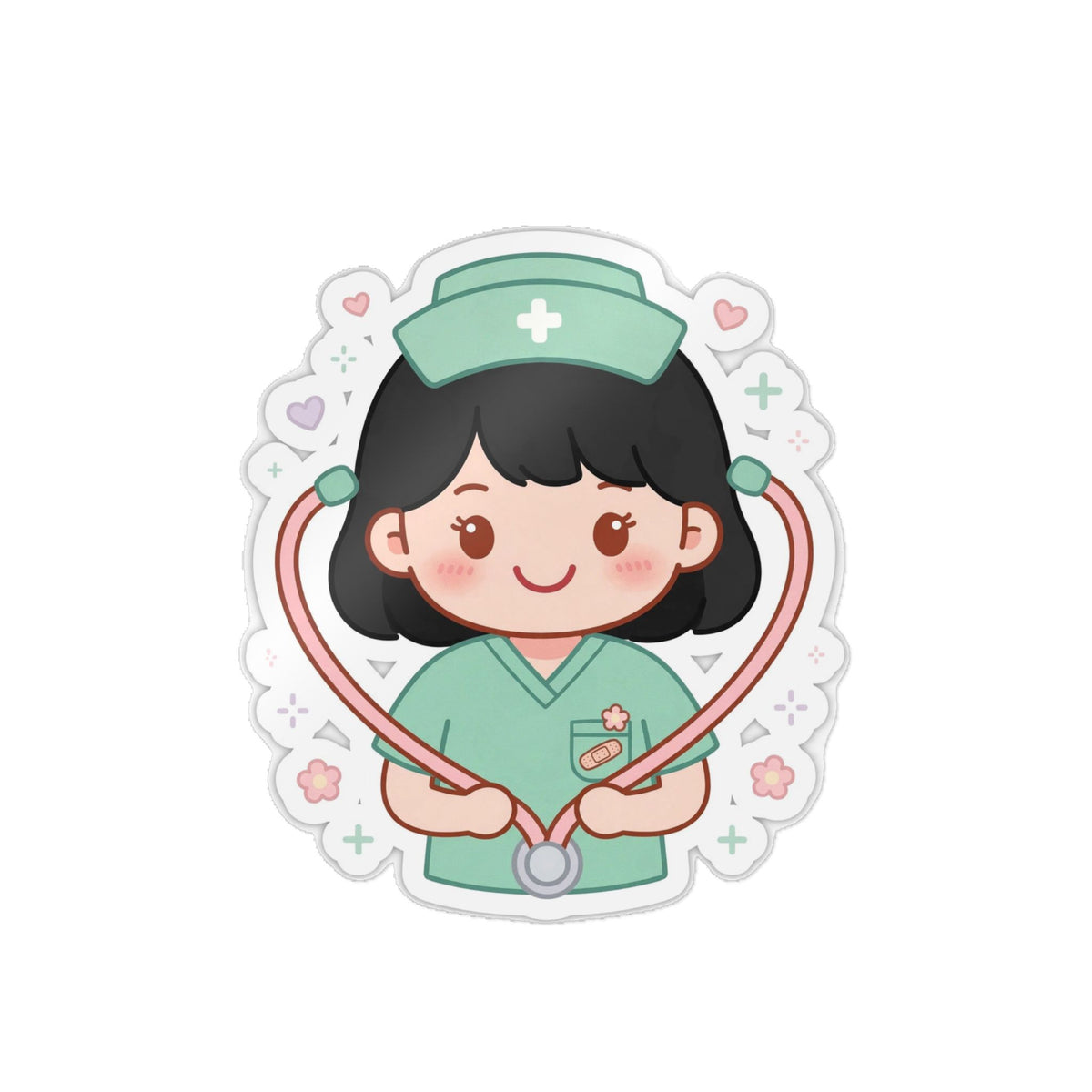 Kawaii Nurse Sticker (Waterproof UV DTF) – Black Hair / Fair Skin