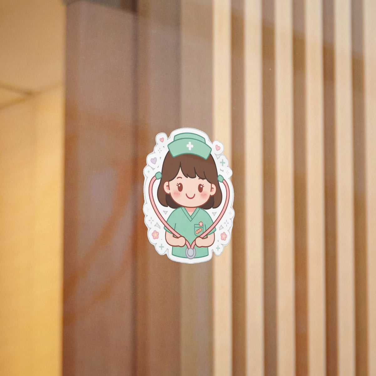 Kawaii Nurse Sticker (Waterproof UV DTF) – Brown Hair / Fair Skin