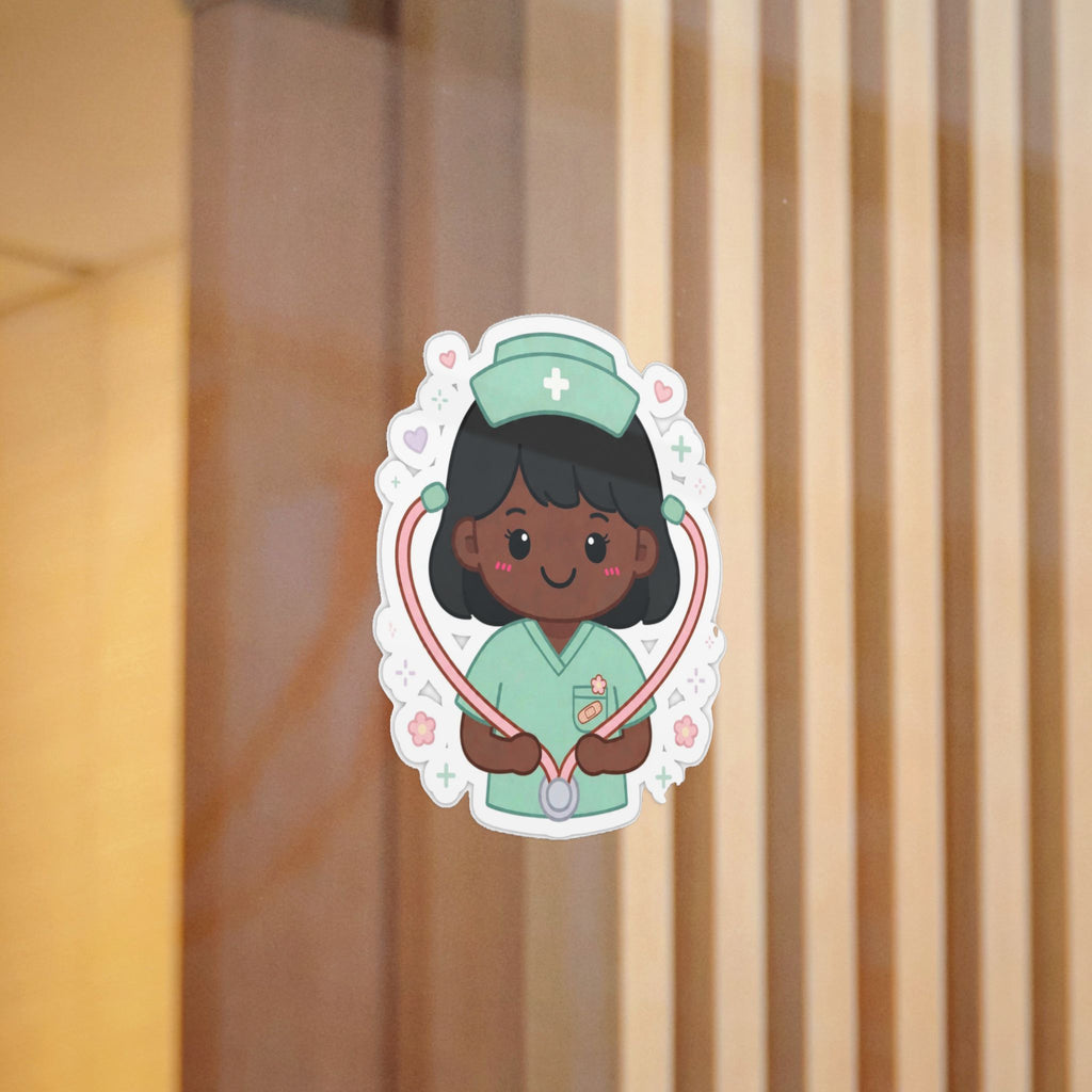 Kawaii Nurse Sticker (Waterproof UV DTF) – Black Hair / Deep Skin