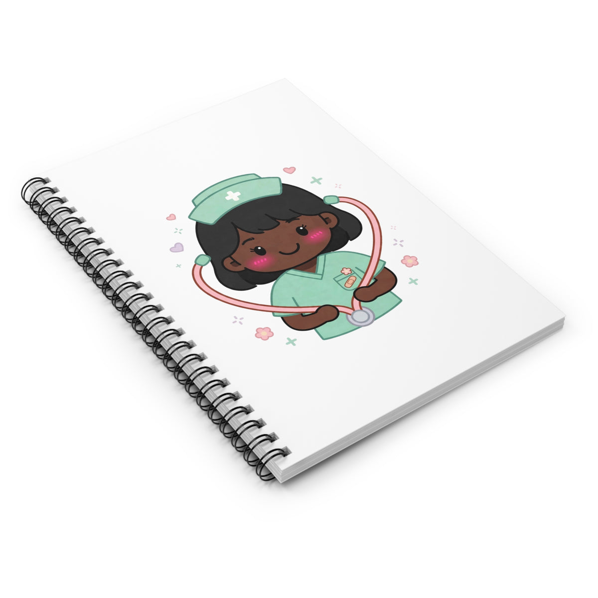 Kawaii Nurse Spiral Notebook – Ruled – Black Hair / Deep Skin