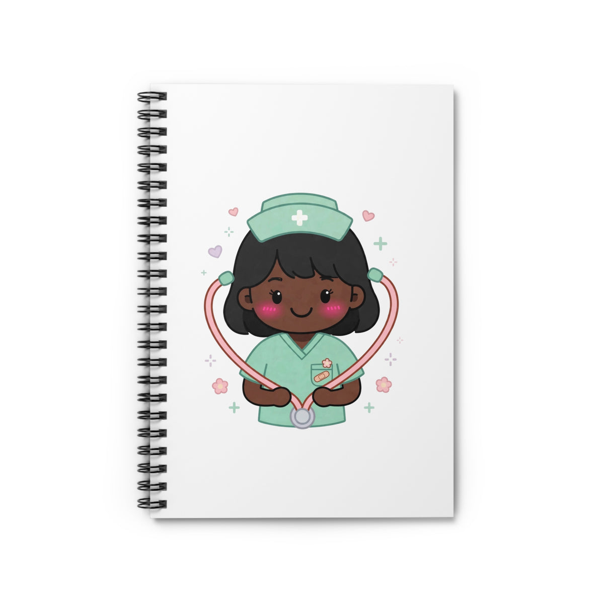 Kawaii Nurse Spiral Notebook – Ruled – Black Hair / Deep Skin