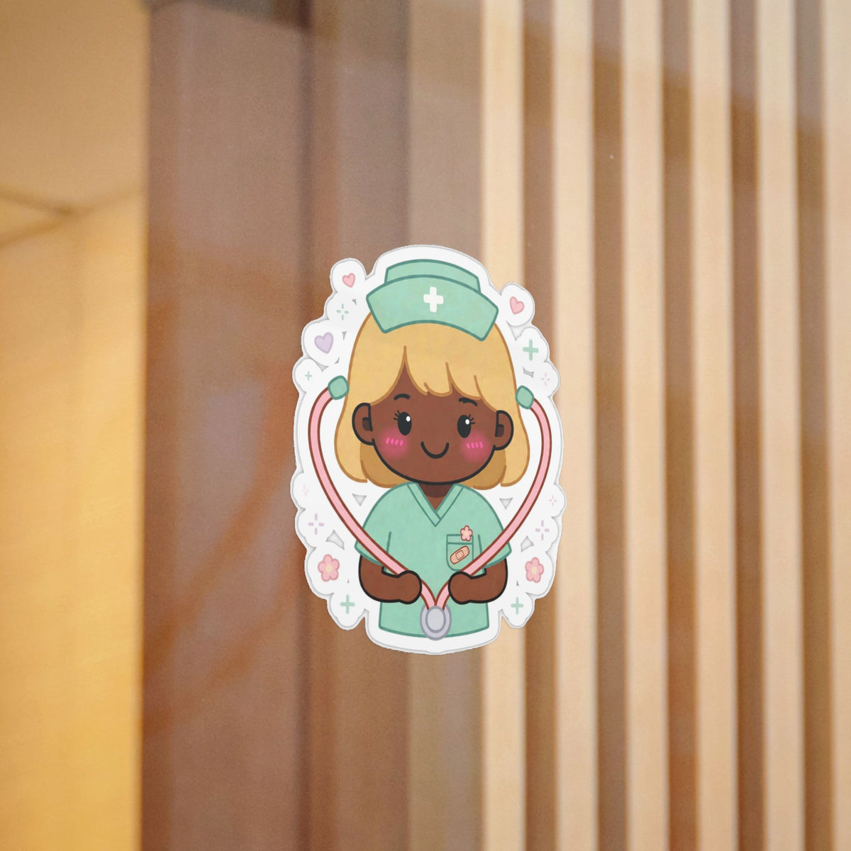Kawaii Nurse Sticker (Waterproof UV DTF) – Blonde Hair / Deep Skin