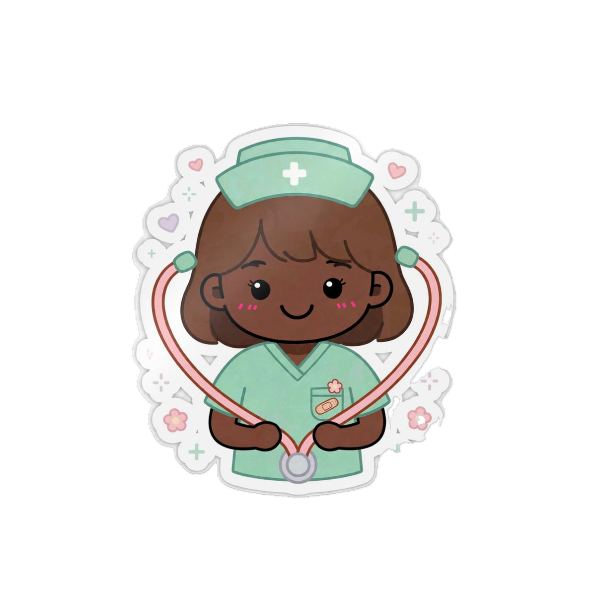 Kawaii Nurse Sticker (Waterproof UV DTF) – Brown Hair / Deep Skin