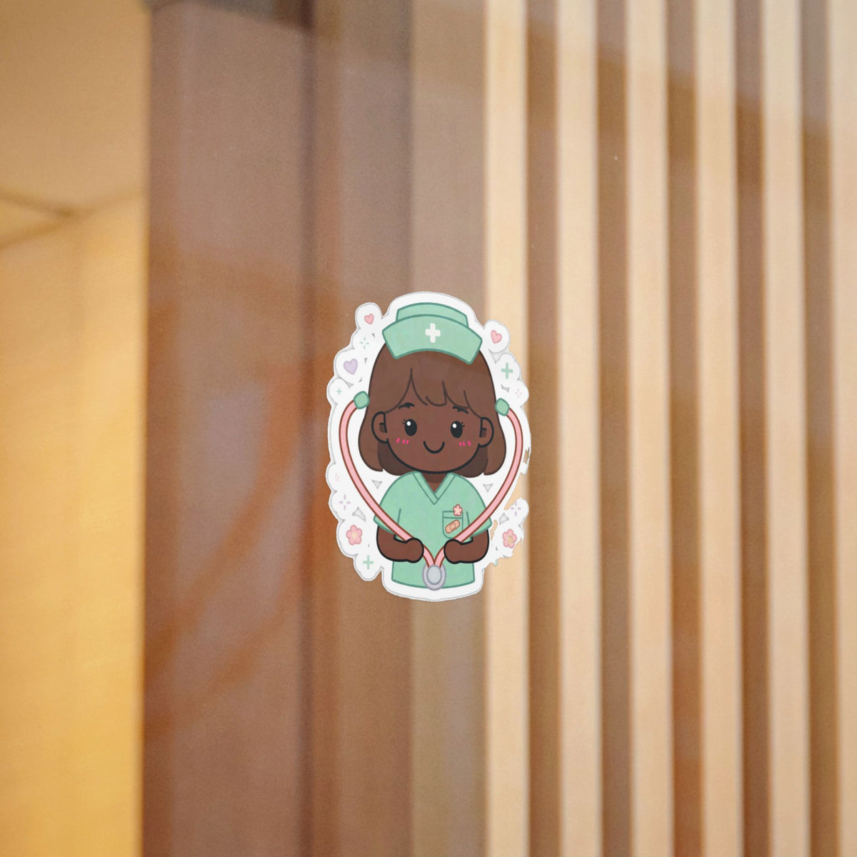 Kawaii Nurse Sticker (Waterproof UV DTF) – Brown Hair / Deep Skin