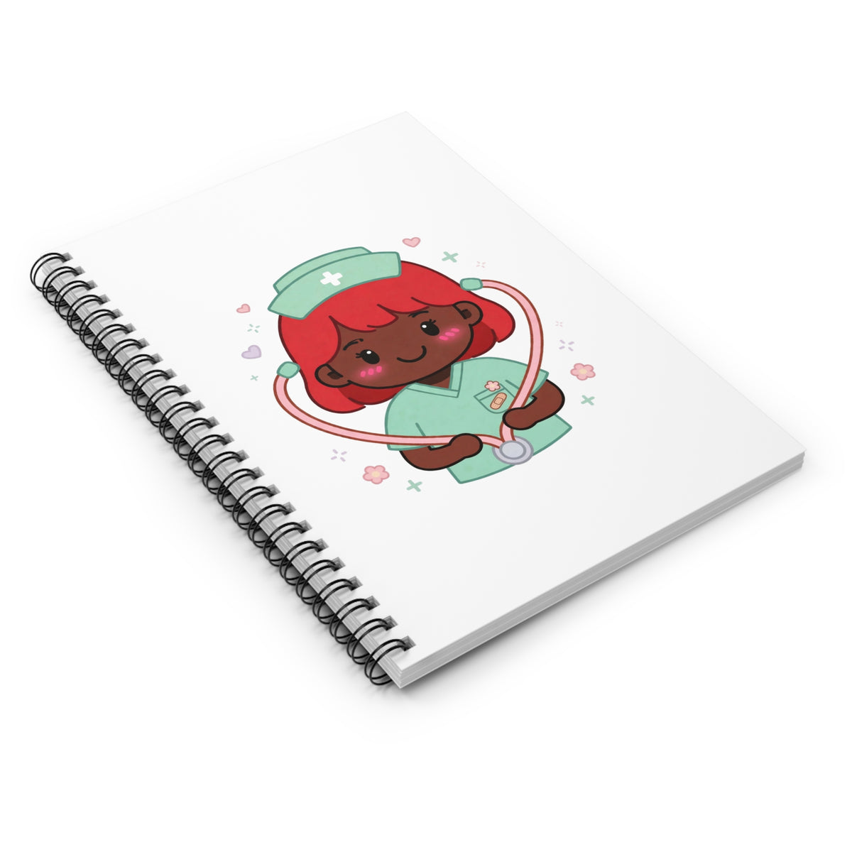 Kawaii Nurse Spiral Notebook – Ruled – Red Hair / Deep Skin